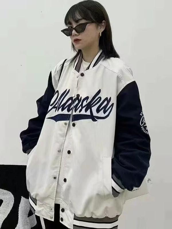 ジャケット レディース 春秋 ブルゾン ゆったり アウター 配色 切り替え ロゴ 刺繍 ストリート カジュ..