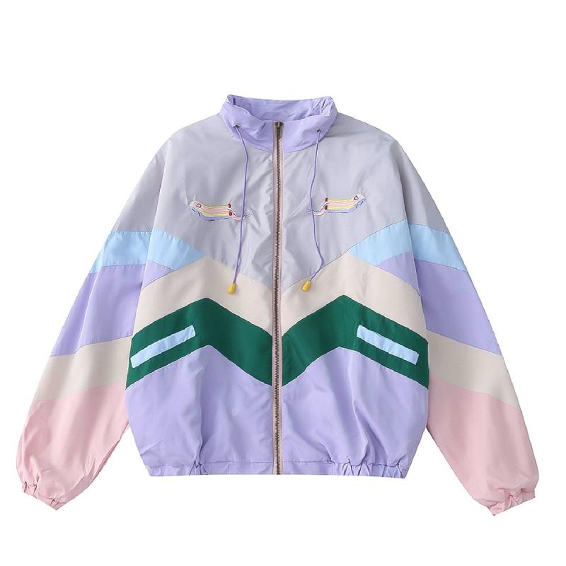 ジャケット レディース 配色 切り替え カートゥーン 刺繍 スタンドカラー ポリエステル混紡 ゆったり ..