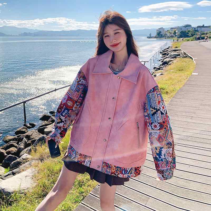 ジャケット レディース 配色 刺繍 切り替え ワークジャケット カジュアル 韓国風 アウター ピンク系 ゆ..