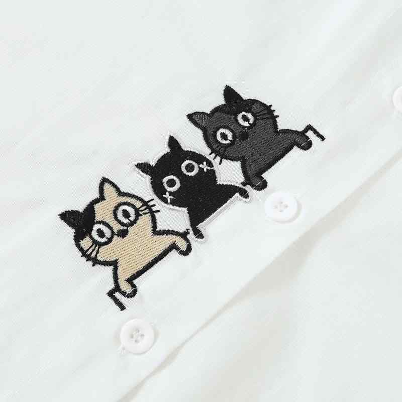 シャツ レディース 長袖 かわいい 猫 刺繍 コットン トップス 学生 韓国風 白 S M L XL 2XL