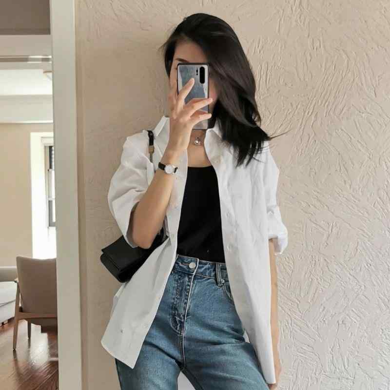 シャツ レディース 長袖 白 トップス ブラウス ポリエステル 無地 ゆったり POLO襟 カジュアル 韓国風