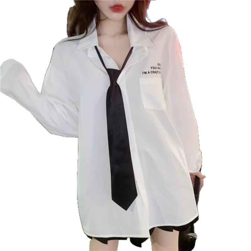 シャツ レディース JK 学生 アルファベット カレッジ風 プリント ゆったり 中長丈 長袖 襟付き ブラウ..