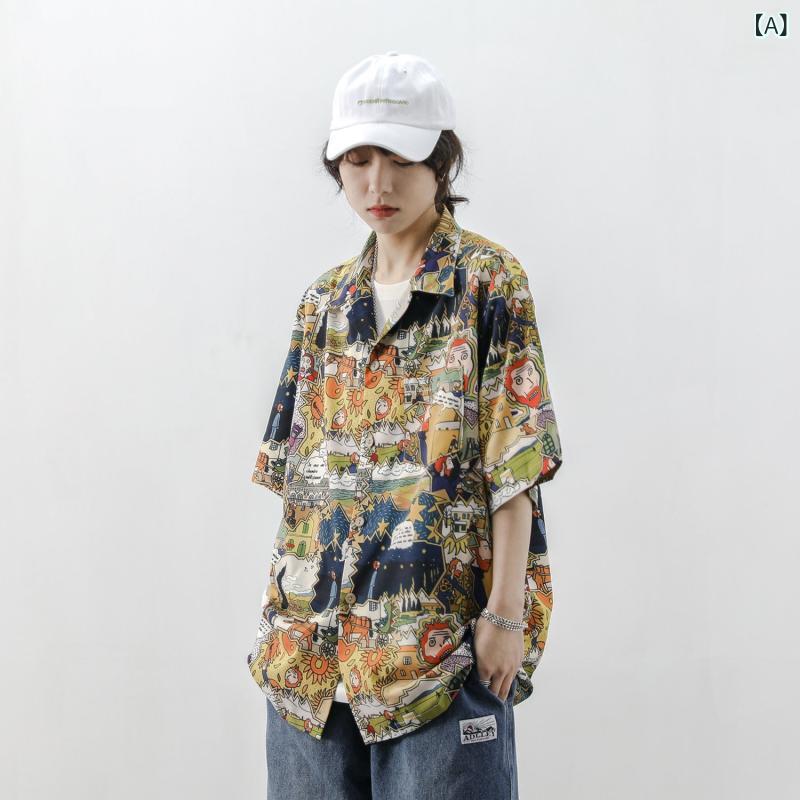 シャツ レディース 春夏 韓国風 半袖 トップス ポリエステル プリント ゆったり かわいい 開襟 イエロ..