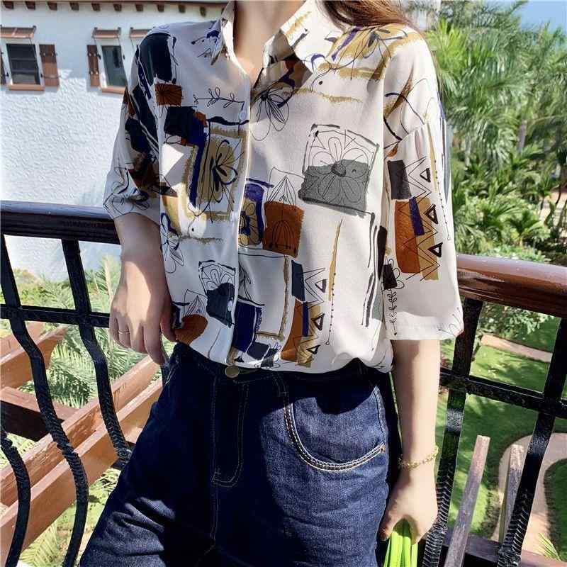 シャツ レディース 春夏 韓国風 ゆったり ポリエステル プリント 半袖 開襟 ブラウス トップス 白 黒