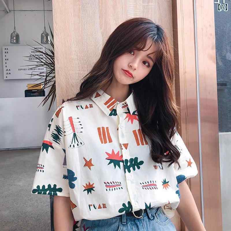 シャツ レディース 韓国風 ゆったり ポリエステル プリント トップス 半袖 ポロ襟 ブラウス 通勤着 オ..