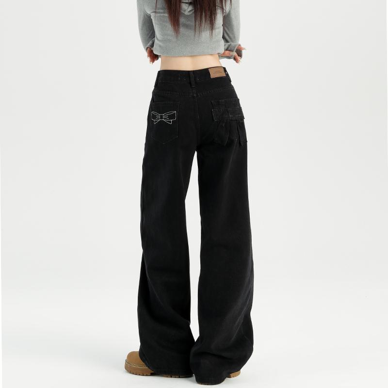 ジーンズ レディース 黒 デニム ワイドレッグ ゆったり ハイウエスト 美脚 スタイルアップ 裾上げ不要 ..