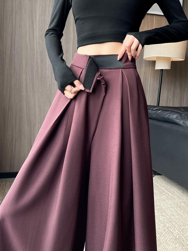 パンツ レディース ワイドパンツ スカート付きパンツ 高見え 高腰 伸縮性 ポリエステル 普段使い お出..