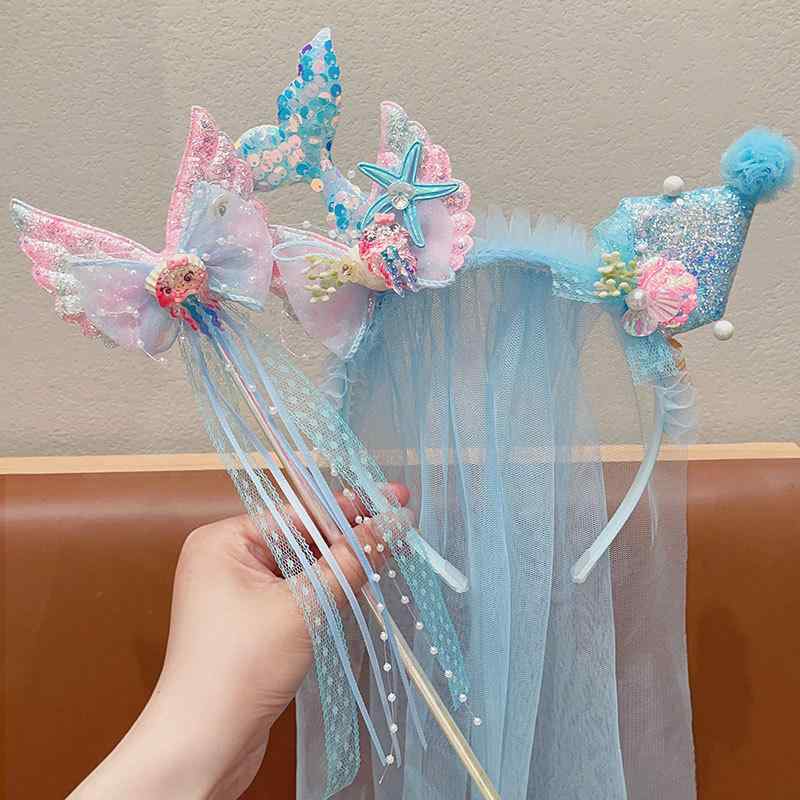 ヘアアクセサリー 子供 女の子 人魚 プリンセス ティアラ 魔法の杖 ヘアフープ パール 貝殻 チュール ..