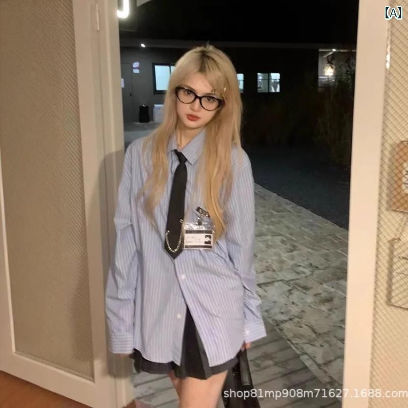 シャツ レディース ブルーストライプ 長袖ブラウス ゆったり 学生 スクール 通勤 POLO襟 形態安定 接触..