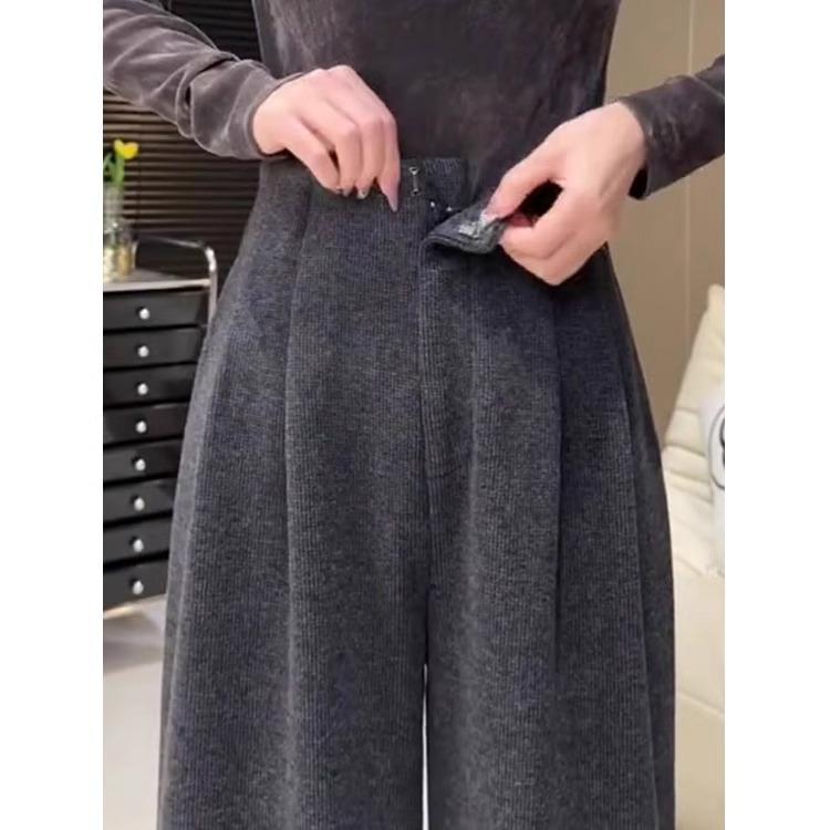 パンツ レディース 秋冬 高品質 厚手 ウールライク ワイドレッグパンツ ハイウエスト ドレープ ゆったり 灰色 XS S M L XL 2XL 3XL 通勤
