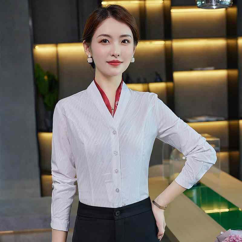 シャツ レディース Vネック 長袖 ブラウス トップス ポリエステル 切り替え 配色 オフィス 制服 通勤用..