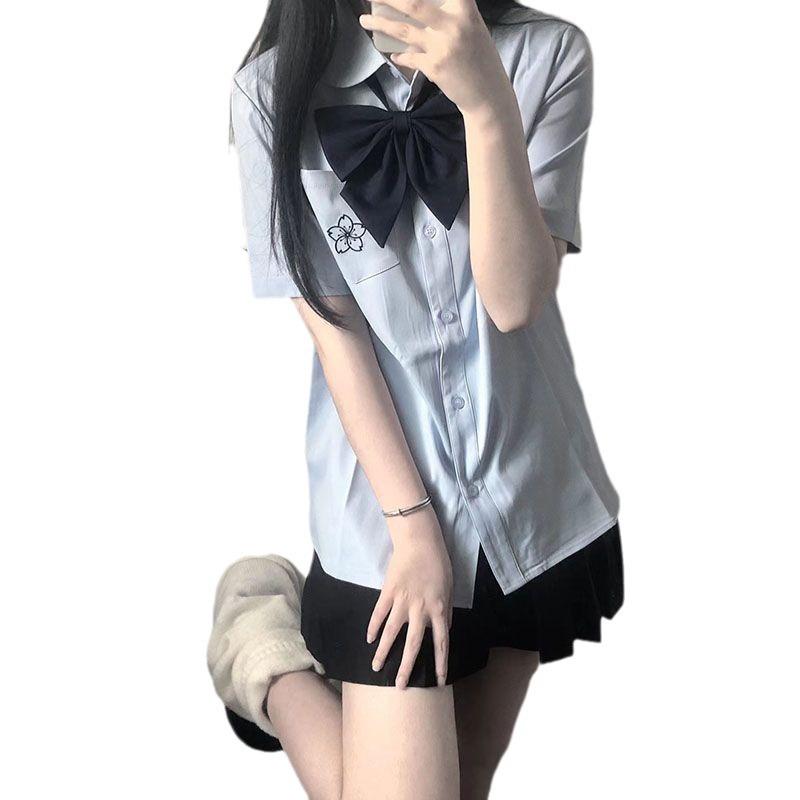 シャツ レディース 半袖 刺繡 ブラウス 水色 制服 学生 スタイル 襟付き トップス 7分袖 学院風 清潔感..