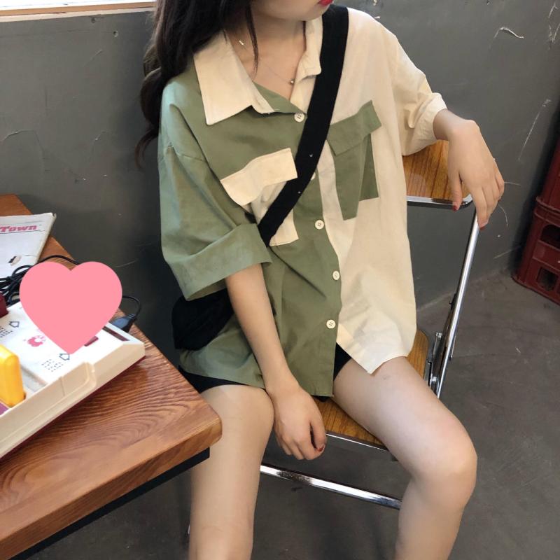 シャツ レディース 春夏 半袖 ポロ襟 切り替え バイカラー トップス ブラウス ゆったり 接触冷感 着痩..