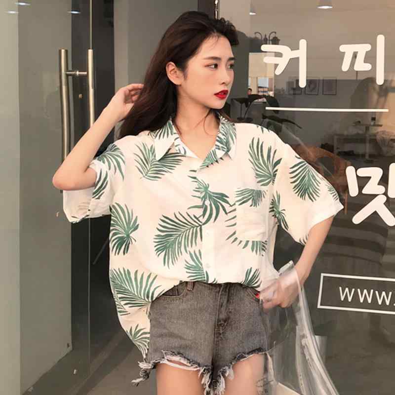 シャツ レディース 春夏 韓国風 リーフ柄 ゆったり 清涼 半袖 ブラウス 学生 カジュアル トップス ポリ..