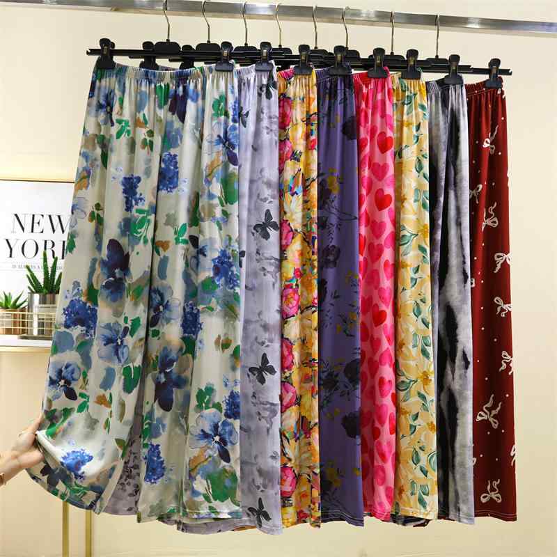 パンツ レディース 春夏 人造綿 ワイドレッグパンツ リラックス ストレートパンツ 薄手 プリント柄 カ..