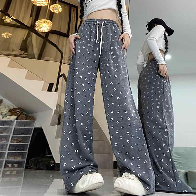 パンツ レディース 高身長 ワイドパンツ ゆったり スマイル プリント ストレートパンツ リラックスパン..