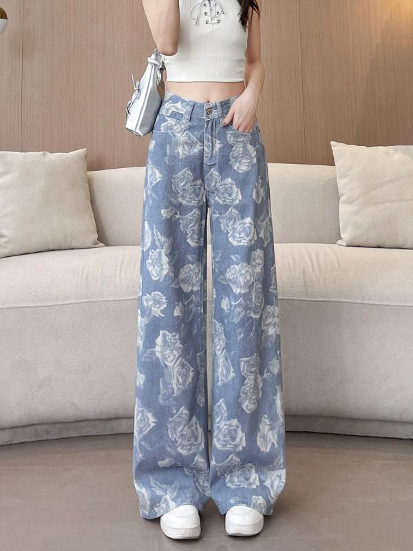 ジーンズ レディース ハイウエスト 花柄 ゆったり ストレート デニム ワイドレッグパンツ ロングパンツ ジーパン ズボン ボトムス カジ..