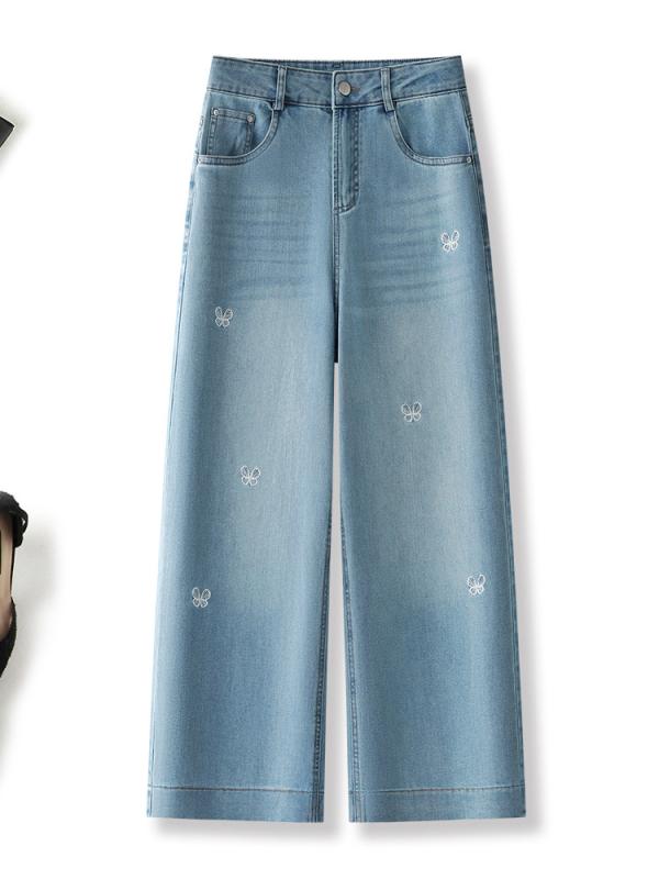デニム レディース 重刺繍 高見え 美脚効果 ハイウエスト ストレート パンツ 接触冷感 ゆったり 通気性..