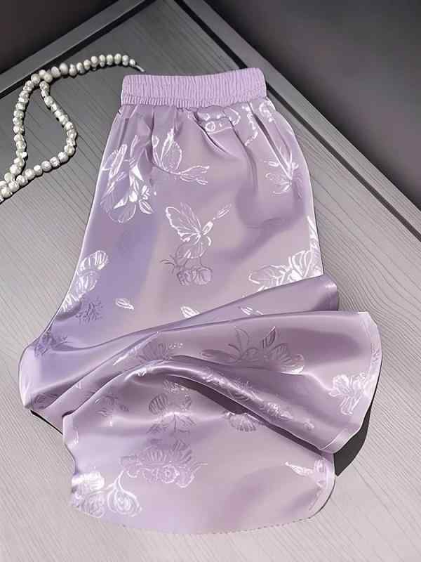 パンツ レディース ワイドパンツ 春夏 チャイナ風 ポリエステル 高品質 ウエストゴム ゆったり 体型カバー ラベンダー パープル M L XL..