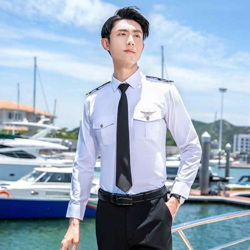 シャツ 男性用 長袖 航空 制服 綿 鉄道学校 学生 キャビンアテンダント 業務