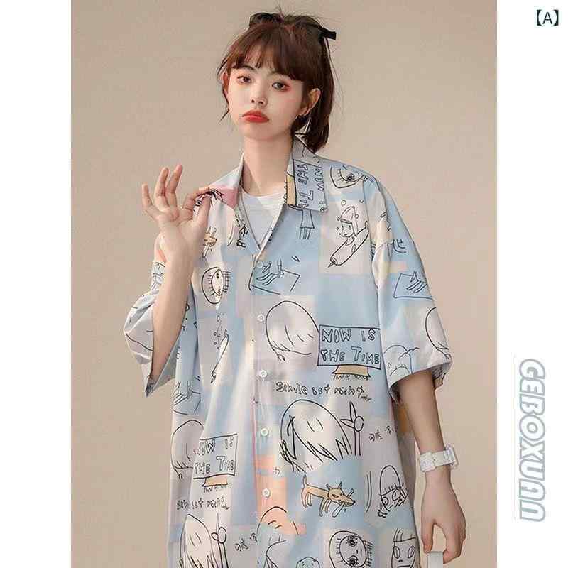 シャツ レディース 半袖 原宿風 韓国風 ゆったり ポリエステル アニメ カートゥーン プリント ポロ襟 ..