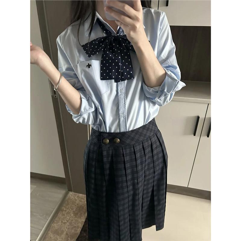 シャツ レディース 水色 格子柄 ミニスカート セットアップ JK制服風 プリーツスカート 長袖 ポリエス..