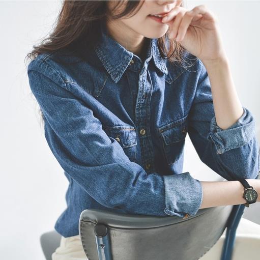 シャツ レディース 長袖 韓国風 ゆったり デニム コットン 襟付き 春秋 ミディアム丈 トップス ブラウ..