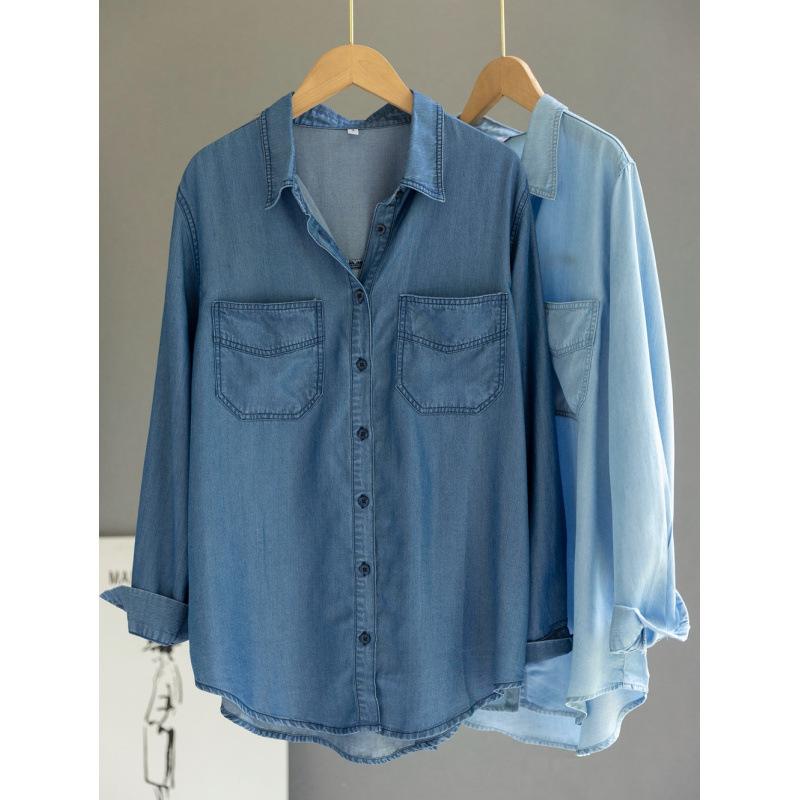 シャツ レディース デニム コットン 水洗い加工 デザイン 長袖 トップス ブラウス レイヤード 重ね着 ..