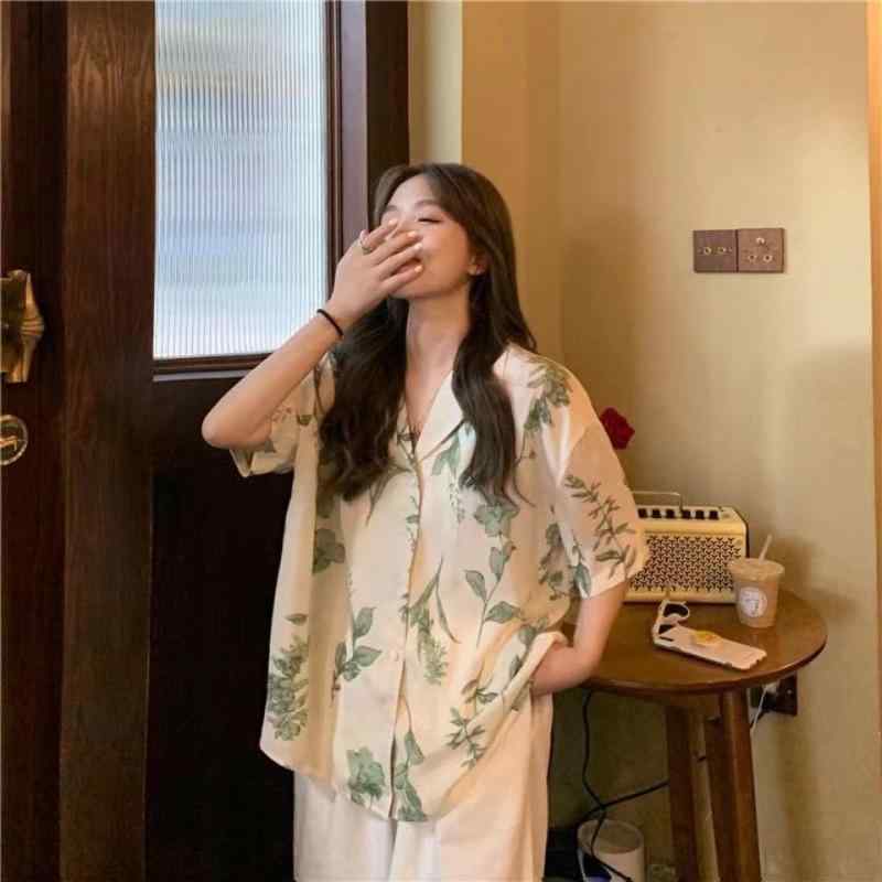 シャツ レディース 韓国風 ゆったり ポリエステル 花柄 プリント 開襟 半袖 ブラウス 日韓 カジュアル ..