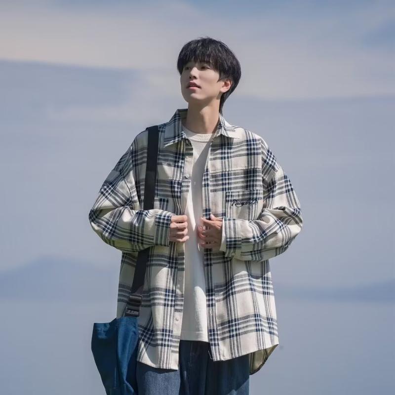 シャツ メンズ 男性用 レトロ チェック柄 長袖 ポリエステル 刺繡 薄手 カジュアル トップス 羽織り