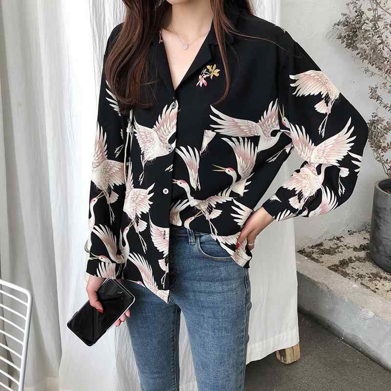 シャツ レディース 長袖 レトロ アニマル柄 ゆったり Vネック ポリエステル 開襟 トップス ブラウス 中..