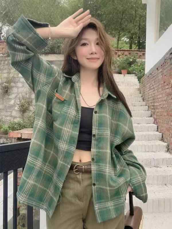 シャツ レディース 格子柄 長袖 ゆったり ポリエステル 普段使い 通勤 カジュアルスタイル 海塩ムース..