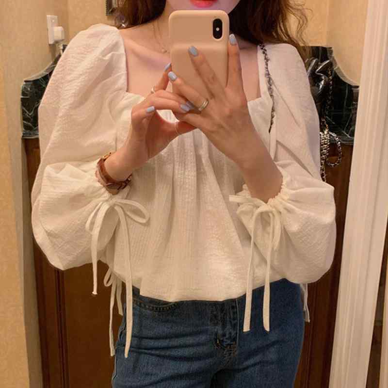 シャツ レディース 春秋 長袖 コットンブレンド トップス ランタンスリーブ ゆったり 無地 ホワイト 通..