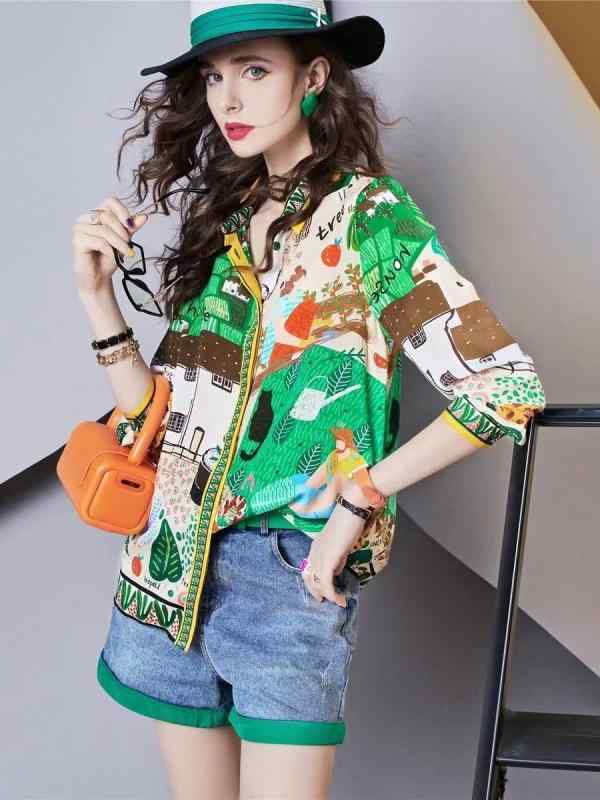 シャツ レディース 春秋 ゆったり 長袖 アニメ柄 プリント 襟付き トップス 快適 普段使い 通勤着 接触..