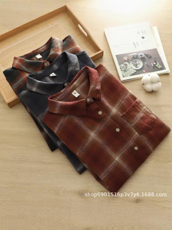 シャツ レディース 春秋 格子柄 コットン 長袖 トップス ブラウス ゆったり 大きめサイズ 文芸 レトロ ..