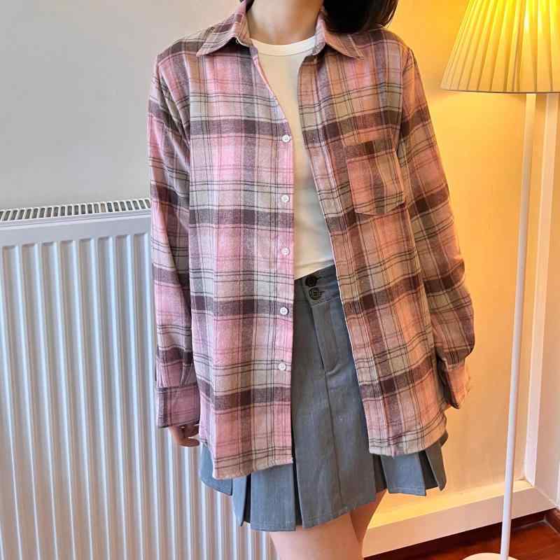 シャツ レディース レトロ学院風 コットン 格子柄 ストライプ柄 長袖 ドロップショルダー ゆったり