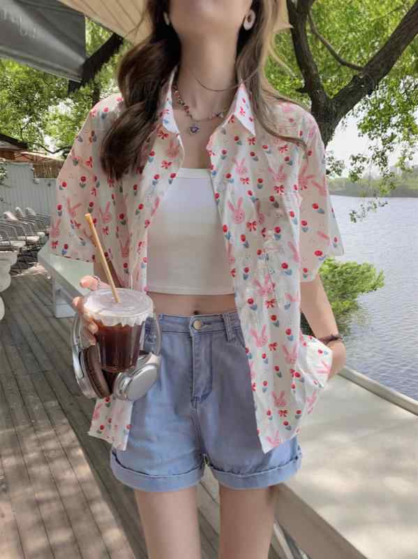 シャツ レディース 半袖 開襟シャツ プリント柄 ポリエステル ゆったりサイズ 中丈トップス 日韓スタイ..