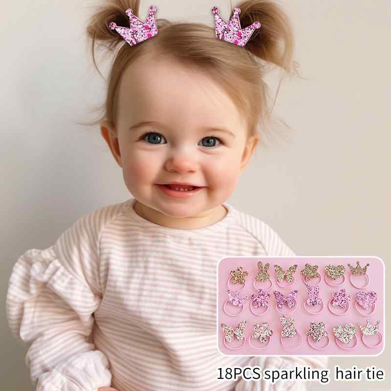 ヘアゴム 子供用 18本セット グリッター ラメ プリンセス ハート 花 星 ウサギ 王冠 ヘアアクセサリー ..