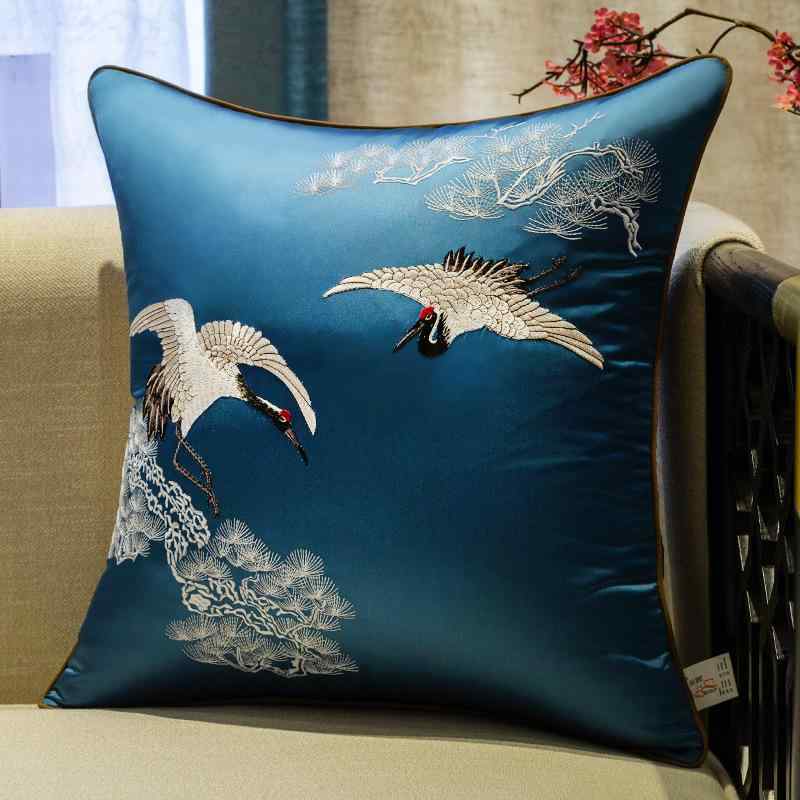 クッション クッションカバー 抱き枕 枕カバー 新中式 刺繡 鶴柄 シルク PP綿 リビング ベッドルーム スタディルーム 35x50cm 45x45cm 50x50cm 40x60cm 60x60cm カスタム可能