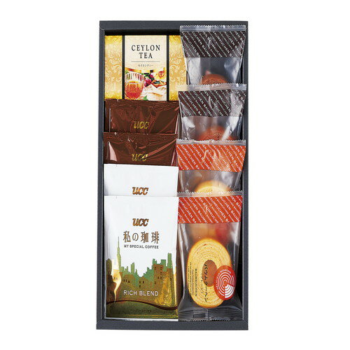 ●紙袋のご用意はできません。●ギフト商品のため納品書は同梱されません。●ご注文者様宛以外へ発送の場合、お届け先様の転居・住所不明・長期不在などが発生した際は商品をご依頼主様へ転送させていただきます。コーヒーの香りに包まれながらゆったり過ごすくつろぎの時間。■バウムクーヘン(プレーン・ショコラ)各2・UCC ドリップカフェ(リッチブレンド・マイルドブレンド)7g×各2・セイロンティ(BLACK TEA)2g×5袋 【卵・乳成分・小麦】 ■箱サイズ:280×205×55mm【用途】引出物 結婚内祝 婚家 結婚祝 出産内祝 出産祝 仏事 快気 新築 記念 贈答 お返し お祝い 御祝 香典返し 法事 法要 引越し 新築祝い お中元 お歳暮　敬老の日 還暦 賀寿 母の日 父の日 自分へのご褒美　自分へのお取り寄せグルメなど 快気祝い 成人お祝い 金婚式 銀婚式 入籍記念日 白寿 卒寿 米寿 傘寿 喜寿 古希 還暦祝い 賀寿 長寿祝い 緑寿 入園祝い 入学祝い 卒業祝い 就職祝い 新築祝い 開店祝い お土産 お誕生日プレゼント お年賀 お中元ギフト 残暑見舞い●紙袋のご用意はできません。 ●ギフト商品のため納品書は同梱されません。 ●ご注文者様宛以外へ発送の場合 お届け先様の転居・住所不明・長期不在などが発生した際は 商品をご依頼主様へ転送させていただきます。