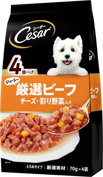 ■いつものごはんに　もっとおいしさと喜びを ・上質なビーフをじっくり調理し、おいしく仕上げました。 ・丁寧な調理で素材のおいしさをそのまま閉じ込めました。 【原材料】 肉類(チキン、鶏レバー、ビーフ等)、野菜類(にんじん、かぼちゃ)、チーズパウダー、増粘安定剤(加工でん粉、増粘多糖類)、調味料、リン酸塩、塩化カリウム、食塩、発色剤(亜硝酸Na) 【保証成分】 タンパク質6.0％以上、脂質4.0％以上、粗繊維0.5％以下、灰分3.0％以下、水分89.0％以下 【エネルギー】 50kcal/袋 【給与方法】 ・体重5kgの成犬には、1日あたり1/2袋をドライフード等の総合栄養食と共に、2回程度に分けて与えてください。 ・本製品のカロリーを考慮して、主食の量を適宜調整してください。 【賞味期限】 24ヶ月 【原産国または製造地】 タイ 【諸注意】 ・本品はペットフードです。誤食防止のため、小児の手の届かない場所に保管してください。 ・製品中身の色・粘度・形状などにばらつきがあります。 ・小さな骨、皮などが入っている場合があります。 ・開封後は冷蔵庫に入れ、なるべく早く使い切ってください。 ・中身が取り出しにくい場合にはスプーンなどをご使用ください。