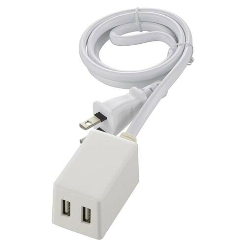 特　徴●USB充電ポート×2ポート搭載、合計出力2.4A ●急速充電対応●接続機器を自動で判別して適切な電力で効率よく充電●USB過電流保護機能付き●本体まるごと燃えにくい自己消火性PC樹脂活用●導線の二重被ふくでコードの強度を向上●耐トラッキング絶縁カバー付き●本体カラーはホワイト仕　様■ 定格入力：AC100V 50/60Hz 28VA■ 定格出力：DC5V 合計2.4A■ USB：Aタイプ■ USBポート：2個口■ プラグ形状：ストレートプラグ■ コード長：1m■ 対応機種：本機はUSB充電に対応したスマートフォン、タブレット、モバイルバッテリーなどに使用できます【ご注意】・USBケーブルは付属しておりません。お使いの機器に対応したUSBケーブルを別途ご用意ください。（機器に付属する純正品のご使用を推奨いたします。）・使用前に、必ず接続する機器内のデータのバックアップをお取りください。データの消失、破損、機器の故障などについて、では一切の責任を負いかねます。・通信機能付きのUSBケーブルではご使用いただけない場合があります。