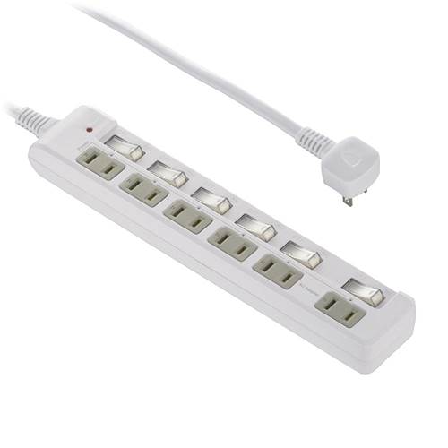 OHM オーム電機 発煙ガード節電タップ（6個口/L型プラグ/コード長2m/1500W以下/個別スイッチ付/ホワイト） HS-T62HL3-W