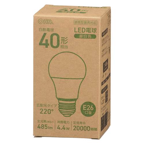 OHM オーム電機　LED電球（40形相当/485lm/4.4W/昼白色/E26/広配光220°/密閉形器具対応） LDA4N-G AG56