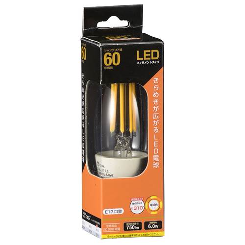 特　徴●シャンデリア球60形相当●フィラメントタイプLED　きらめきが広がるLED電球●全方向タイプ　光の広がり　約310°仕　様■寸法：全長…110mm　外径…35mm■質量：28g■定格消費電力：6.0W■定格入力電流：0.09A■全光束：750ルーメン■エネルギー消費効率：125.0ルーメン/W■平均演色評価数：80Ra■色温度：3000k■定格寿命：20000h■口金：E17■電球色次のような器具には使用できません。・調光機能のついた器具（100%でも使用不可）・誘導灯、非常用照明器具・HIDランプ器具、水銀灯器具・断熱材施工器具（SB,SGI,SG形表示器具など）・ランプと反射板の距離が狭い器具・直流電源※このほか使用器具の種類によって寸法的、熱的、その他の状況（リモコン機器のついた器具など）により　使用できない場合があります。※ご使用になられる照明器具の構造によっては、放熱不良で短寿命となることがあります。※密閉器具でのご使用の場合、器具の寸法の大きさにより、使用できない場合や寿命が短くなる場合があります。※人感スイッチなど自動点滅装置や遅れ停止スイッチなどに使用できない場合があります。※交流100V、周波数50/60Hz以外の電源では使用しないでください。※ランプ周囲温度が40℃を超える場所では使用しないでください。※ラジオやテレビなどの音響および映像機器の近くで点灯すると、雑音が入ることがあります。　（雑音が入るときは、ランプから1m以上離してご使用ください。）※赤外線リモコンを採用した機器（テレビやエアコンなど）の近くで点灯すると、機器が誤作動することがあります。