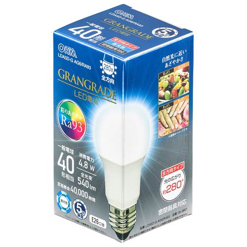 乐天商城 - OHM オーム電機　LED電球「GRANGRADE」（40形相当/Ra93/540lm/昼光色/E26/全方向配光280°/密閉形器具対応） LDA5D-G AG6/RA93