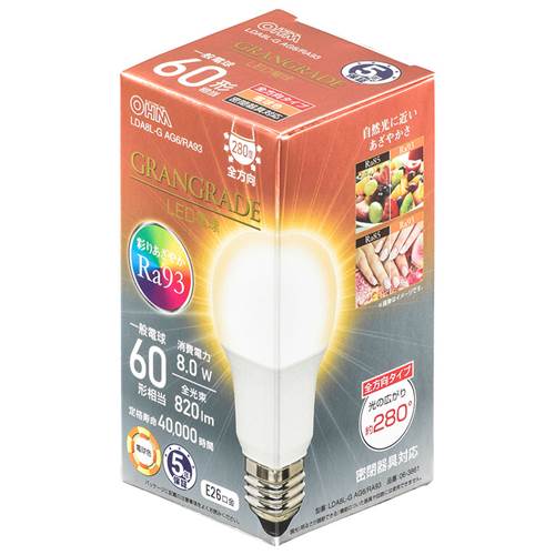 26 mm Cfl - OHM オーム電機　LED電球「GRANGRADE」（60形相当/Ra93/820lm/電球色/E26/全方向配光280°/密閉形器具対応） LDA8L-G AG6/RA93