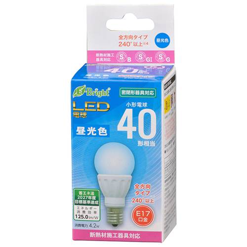 Led Bulb - OHM オーム電機　LED電球 小形（40形相当/525lm/4.2W/昼光色/E17/全方向配光240°/密閉器具対応/断熱材施工器具対応） LDA4D-G-E17 IS22