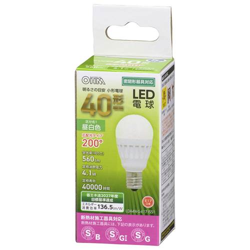 26 mm Cfl - OHM オーム電機　LED電球 小形（40形相当/560lm/昼白色/E17/広配光200°/密閉器具対応/断熱材施工器具対応） LDA4N-G-E17 IS51