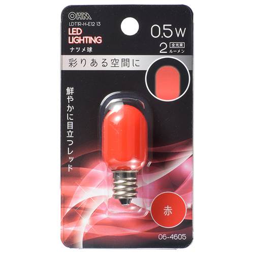 特　徴●LEDナツメ球 装飾用●彩りある空間に●鮮やかに目立つレッド●切れにくく長寿命●消費電力が少なく、電気代が安い●一般電球と比べ発熱が少ない●赤色●口金はE12仕　様■寸法：全長46×最大径20mm■質量：5g■定格消費電力：0.5W■定格電流：5.3mA■全光束：2 lm■定格寿命：30000h■形状：T20※室内専用（屋外使用禁止）※100V 50/60Hz※次のような器具には使用できません。・調光機能のついた器具（100%点灯でも使用不可）・誘導灯、非常用照明器具・水銀灯器具など・断熱材施工器具（SB、SGl、SG形表示器具など）・直流電源・一般照明用※このほか使用器具の種類によって寸法的、熱的、その他の状況（リモコン機器のついた器具など）により使用できない場合があリます※また、人感スイッチなど自動点灯装置、遅れスイッチや表示付きスイッチなどに使うと正常な作動ができない場合があります